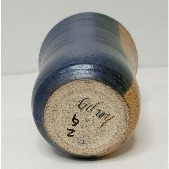 Handmade Signed Marked Vase or Utensil Holder Pottery Blue/Brown 5" - Picture 5 of 7